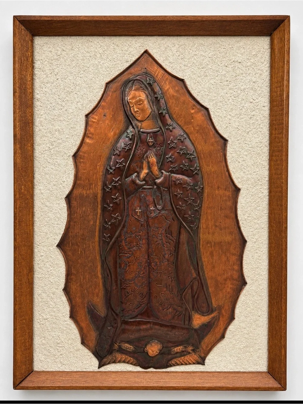 Vtg Mid Century Stanford Guillory Signed Copper Repousse Our Lady Guadalupe Art